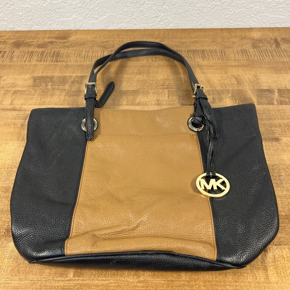 Michael Kors Jet Set Black Brown Leather Shoulder Tote HandBag